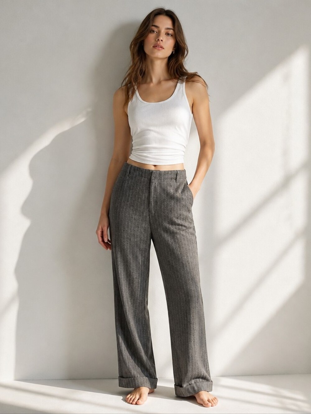 Y2K Gap Gray Pin Striped Cuffed Trousers Size 16R Wide Leg Mid Rise Academia